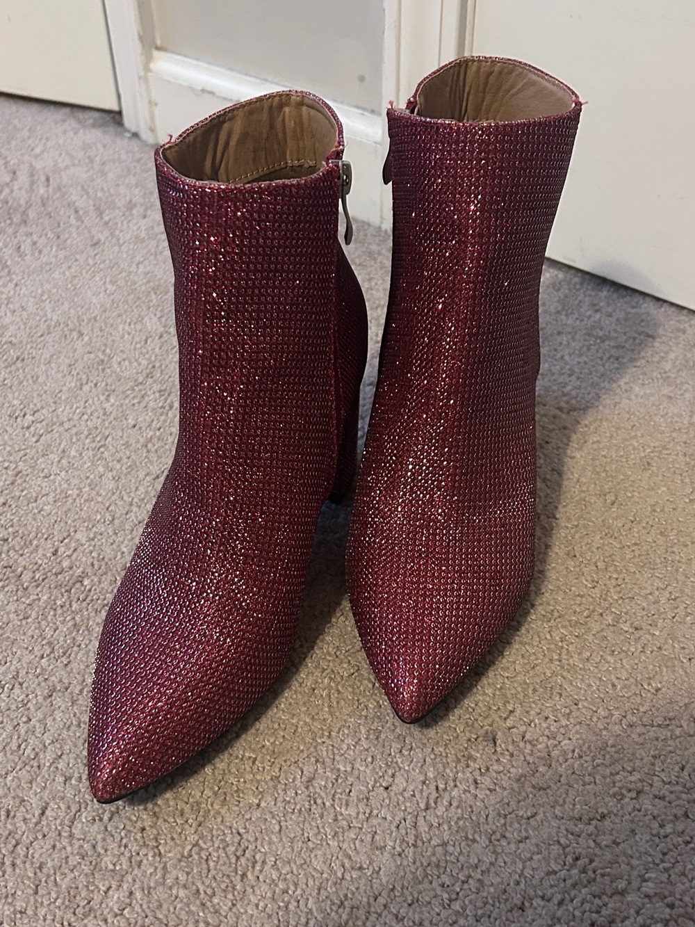 Sparkling Burgundy Pointed Toe Ankle Boots